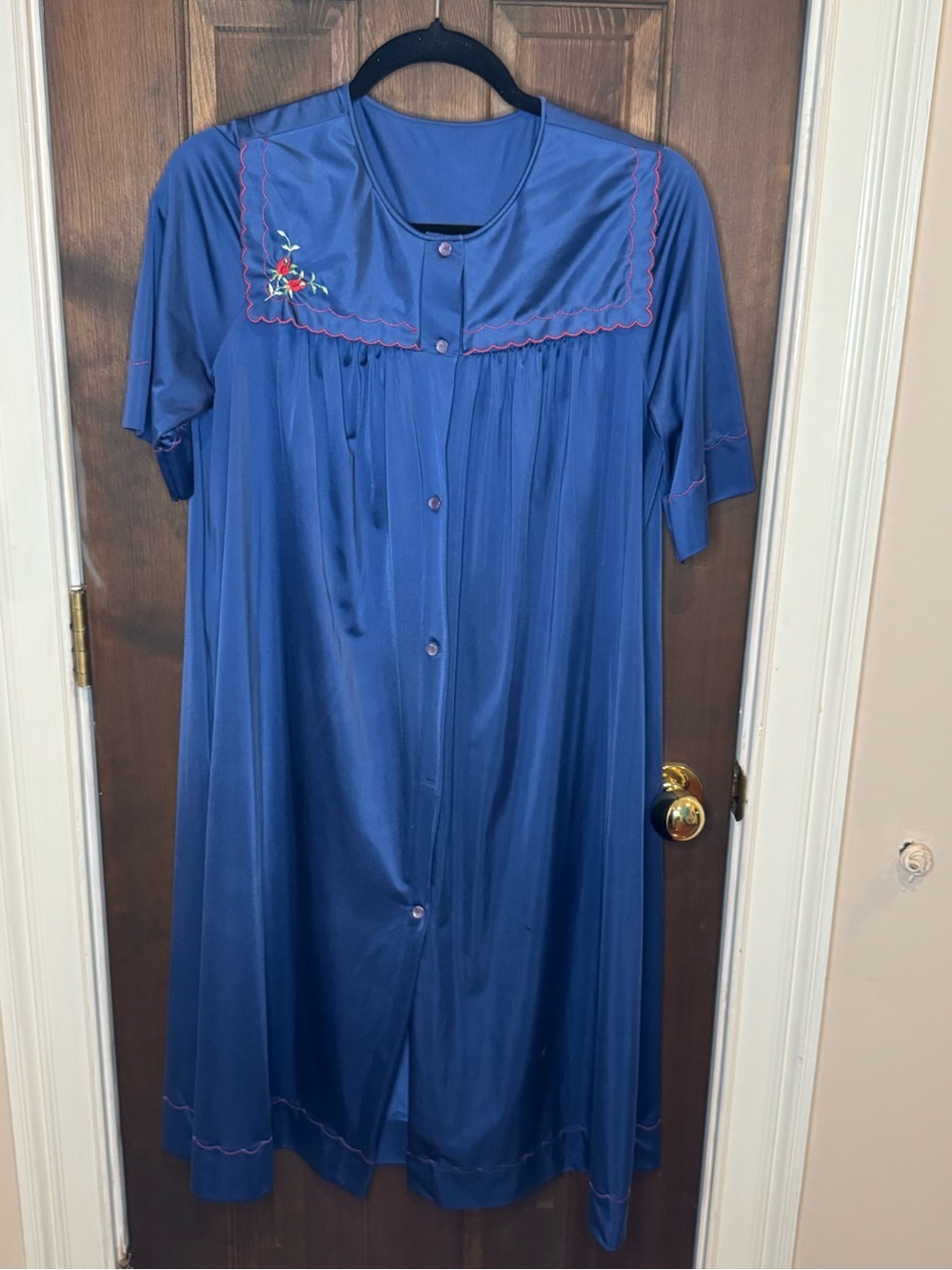 Vintage Shadowline Blue Nylon Button Front Duster Robe Housecoat Embroidered